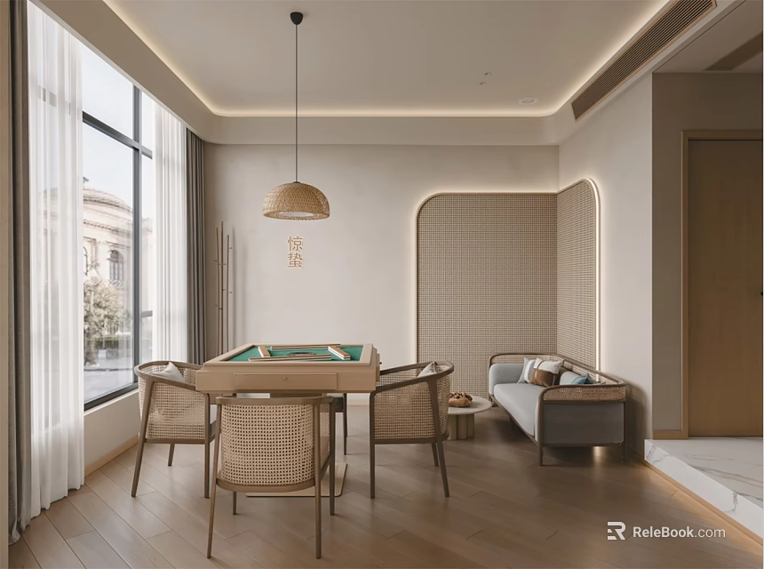 Modern Hotel Mahjong Room Interior With Mahjong Table Rattan Chairs And Pendant Lighting 3d model 