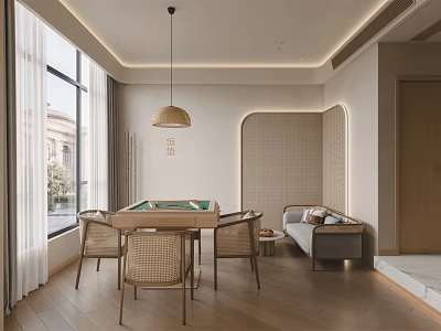 Modern Hotel Mahjong Room Interior With Mahjong Table Rattan Chairs And Pendant Lighting 3d model