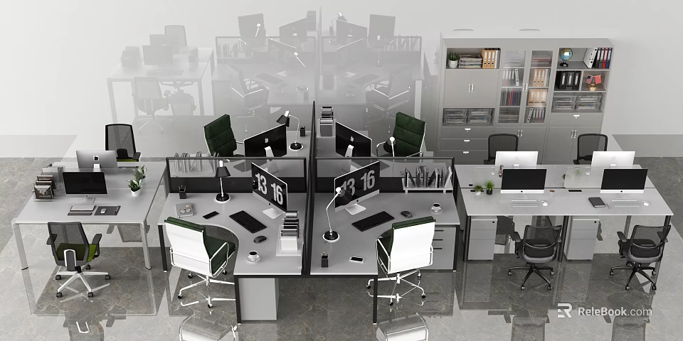Organized Modern Office Desk Workstations With Cubicles Office Chairs Computers And Filing Cabinets 3d model 