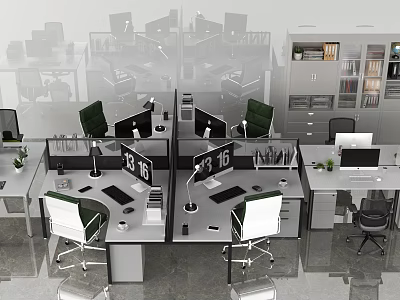 Organized Modern Office Desk Workstations With Cubicles Office Chairs Computers And Filing Cabinets 3d model