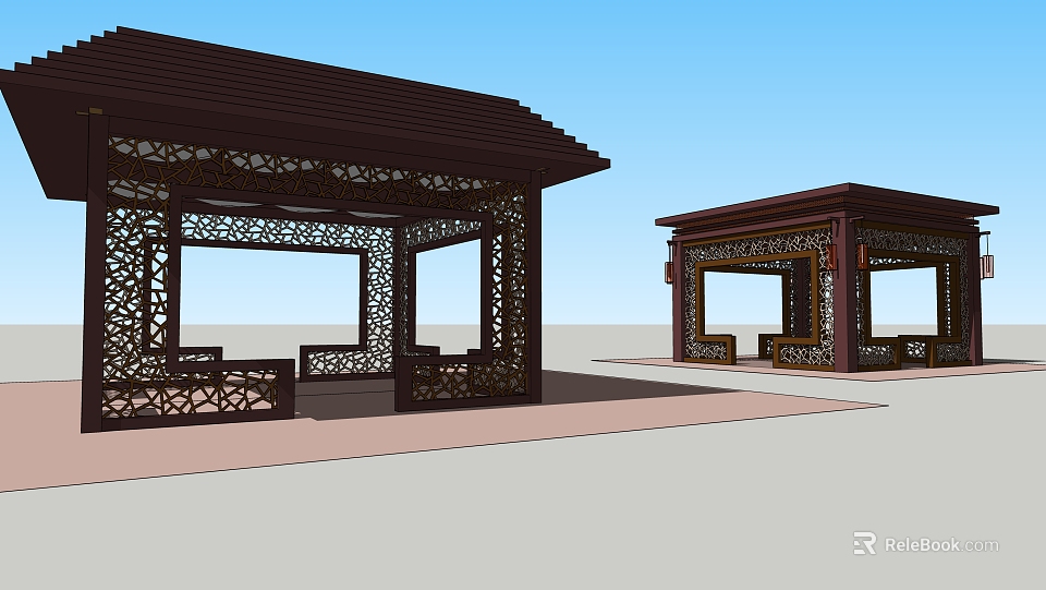 Two Landscape Pavilions With Dark Roofs Intricate Wooden Carvings And Blue Sky 3d model 