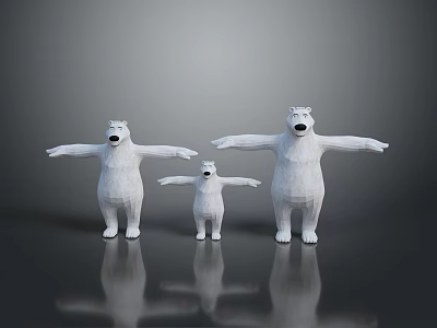 Three Polar Bear Models in Different Sizes with Arms Outstretched against Gray Background with Reflections 3d model