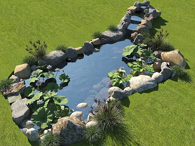 Natural Garden Water Fountain with Lily Pads Rocks and Green Lawn 3d model