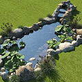 Natural Garden Water Fountain with Lily Pads Rocks and Green Lawn