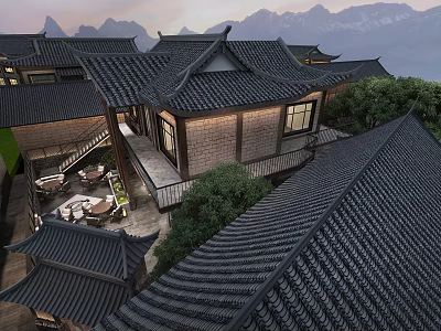 Traditional Chinese Homestay Building with Classic Tiled Roofs Mountain Views Courtyard and Lush Greenery 3d model