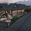 Traditional Chinese Homestay Building with Classic Tiled Roofs Mountain Views Courtyard and Lush Greenery