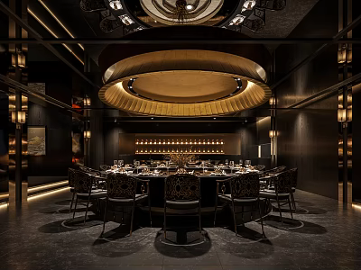 Luxurious Chinese Style Private Dining Room Interior With Round Table Ornate Chairs And Ceiling Lighting 3d model