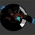 3D Designed Game Movie Character Featuring Blue Glowing Head Brown Red Outfit And Red Armor