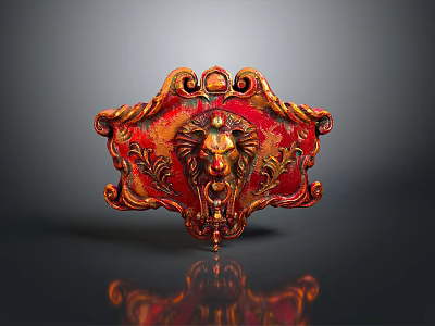 Ornate Red And Gold Decorative Piece With Lion Head And Intricate Scroll Patterns 3d model