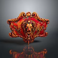 Ornate Red And Gold Decorative Piece With Lion Head And Intricate Scroll Patterns