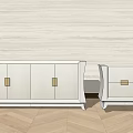 Modern Nightstand And Cabinet With Light Beige Gold Handles On Wooden Herringbone Floor Textured Wall