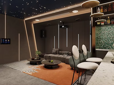 Modern Home Theater Room Interior With Starry Ceiling Gray Sofa Bar Counter And White Stools 3d model