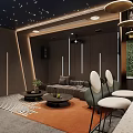 Modern Home Theater Room Interior With Starry Ceiling Gray Sofa Bar Counter And White Stools