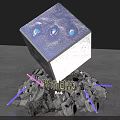 Purple Cube With Blue Eyes Surrounded By Crushed Stones And Purple Light Beams