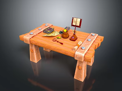 Tranquil Outdoor Landscape With Wooden Table And Vintage Study Items 3d model