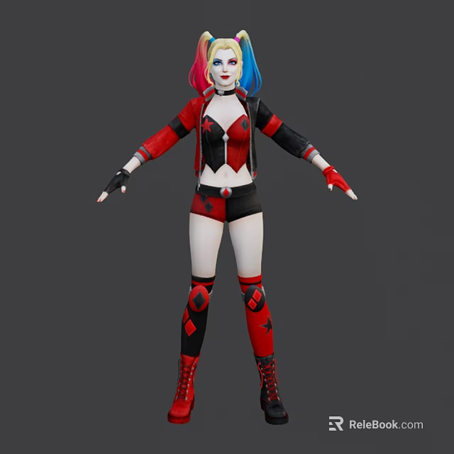 Game Movie Character With Red Blue Pigtails Red Black Bodysuit Shorts And Knee Pads 3d model 