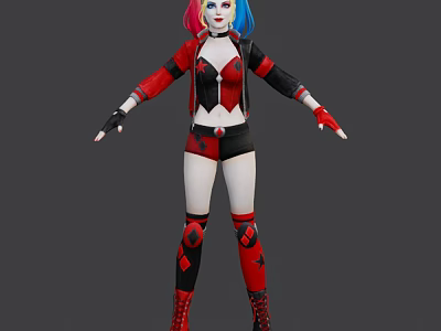 Game Movie Character With Red Blue Pigtails Red Black Bodysuit Shorts And Knee Pads 3d model