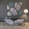 Black TV Stand With Geometric Patterns Decorative Mirrors Wall Sconce And Marble Accent