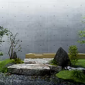 Serene Garden Ornament With Large Rocks Small Trees Mossy Grass And Flowing Stream