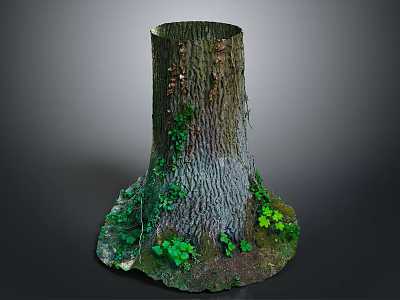 Lush Green Plants Growing Around Tree Stump Base With Natural Bark Texture 3d model