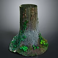 Lush Green Plants Growing Around Tree Stump Base With Natural Bark Texture