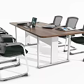 Modern Conference Table With Wooden Top Metal Legs Mesh Back Chairs And Laptop Files Mug