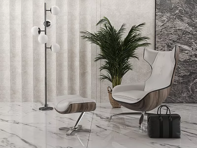 Modern White Single Sofa With Ottoman Floor Lamp And Potted Plant In Textured Room 3d model