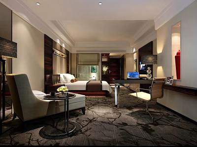 Modern Elegant Hotel Guest Room Interior With King Bed And Desk Chair 3d model