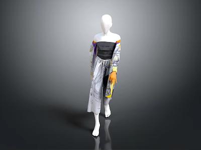 Man Wearing Black Strapless Top With Colorful Sleeves And Printed Long Skirt With Orange Gloves 3d model