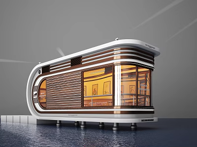 Modern Floating Building With Glass Curtain Walls Wooden Accents And White Exterior Over Water 3d model