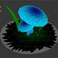 Vibrant Glowing Blue Mushrooms With Patterned Caps And Green Leaves On Dark Base