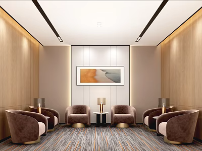 Elegant Hotel Public Lounge Area With Brown Armchairs Coffee Tables Wall Art And Wooden Walls 3d model