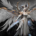Divine Angelic Female Figure With White Feathered Wings Golden Ornaments And Blue Luminous Accents