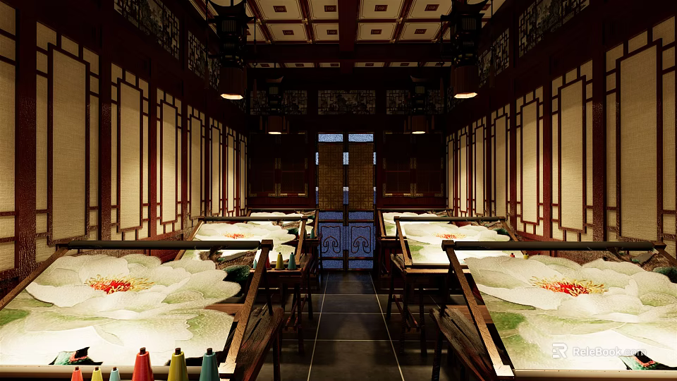 Traditional Chinese School Classroom with Long Tables Scrolls and Wooden Partitions 3d model 