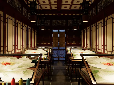 Traditional Chinese School Classroom with Long Tables Scrolls and Wooden Partitions 3d model