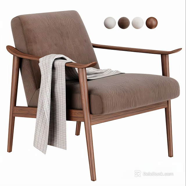 Comfortable Brown Fabric Armchair With Wooden Arms Legs And Checkered Blanket 3d model 