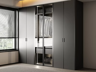 Modern Wardrobe with Glass Doors and Metal Handles in Room with Window Blinds 3d model