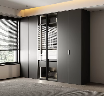 Modern Wardrobe with Glass Doors and Metal Handles in Room with Window Blinds 3d model