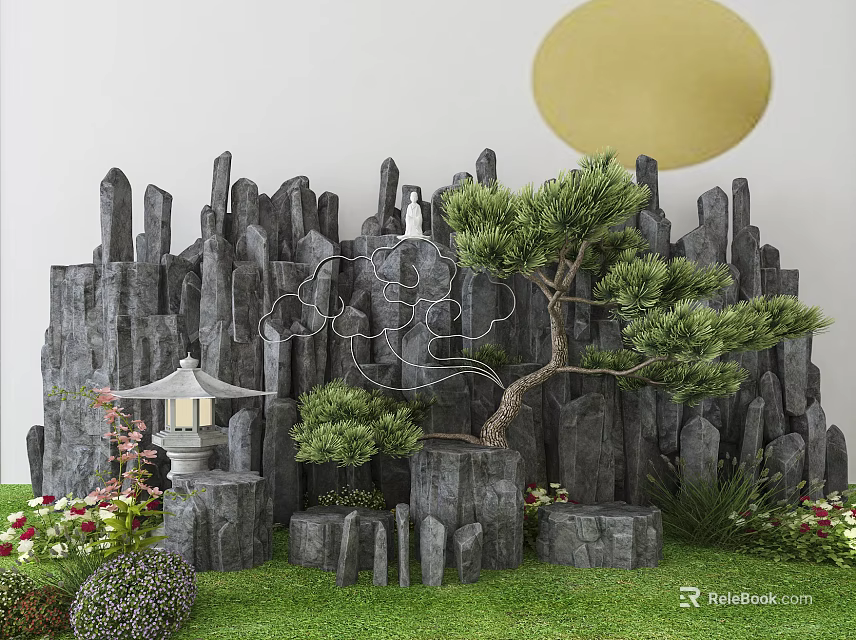 Garden Ornament Featuring Gray Rock Formations Small Lantern Pine Tree Green Grass And Flowers 3d model 