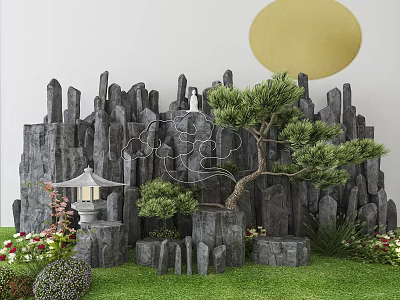 Garden Ornament Featuring Gray Rock Formations Small Lantern Pine Tree Green Grass And Flowers 3d model