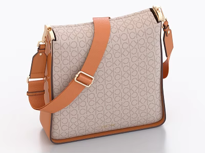 Fashionable Tan Crossbody Bag With Monogram Pattern Brown Leather Strap And Gold Hardware 3d model
