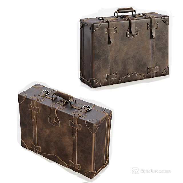 Vintage Leather Suitcases With Classic Design Metal Buckles And Straps 3d model 