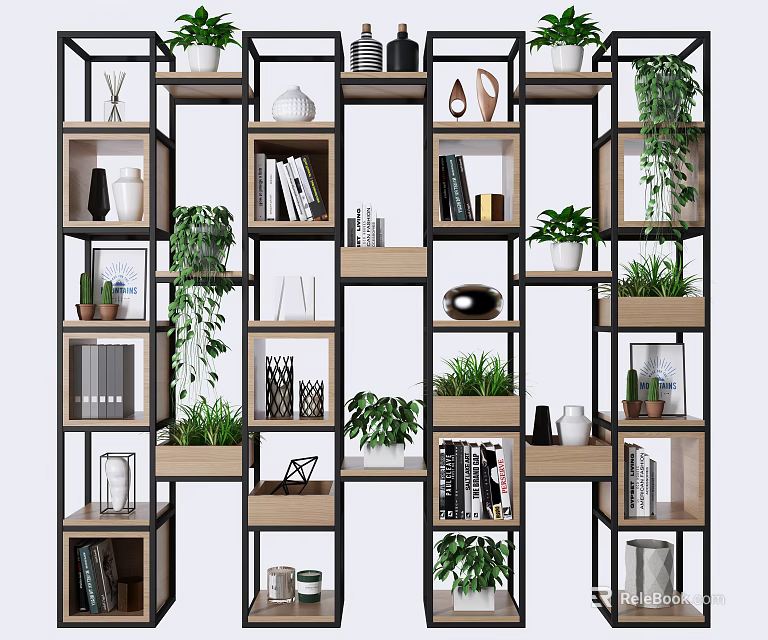 Stylish Modern Open Bookshelf Interior With Plants Books And Decorative Items 3d model 
