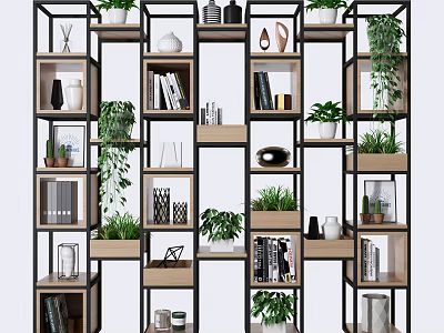 Stylish Modern Open Bookshelf Interior With Plants Books And Decorative Items 3d model
