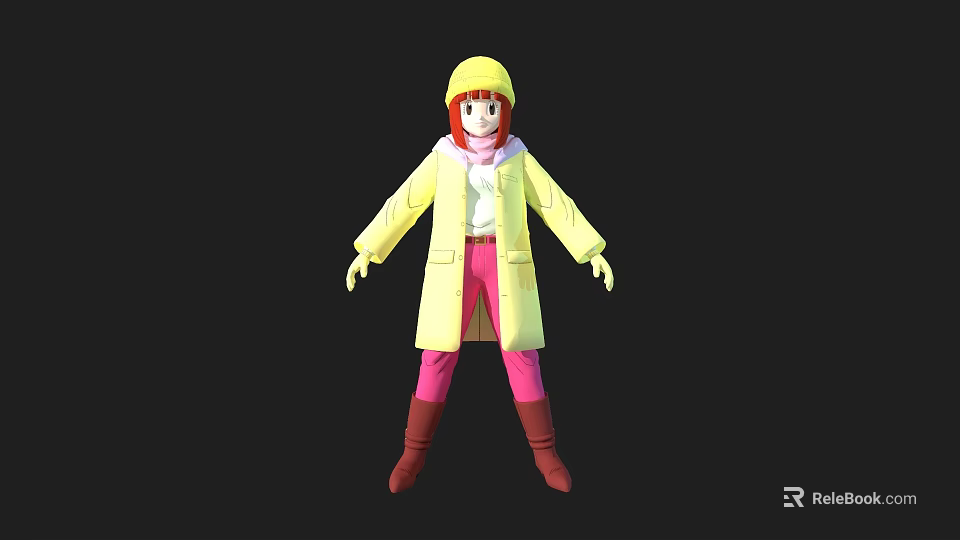 Game Movie Character With Yellow Coat Hat Red Hair Pink Pants Brown Boots 3d model 