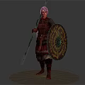 Warrior Character In Traditional Armor Holding Spear And Decorative Shield Standing Pose