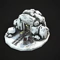 Snow Covered Stone Structure Model With Wooden Door Rail Tracks And Carts