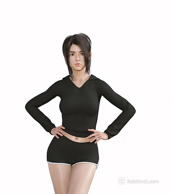 Woman In Black Hooded Long Sleeve Top And Shorts With Hands On Hips 3d model 