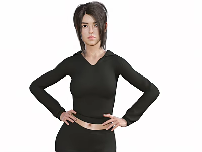 Woman In Black Hooded Long Sleeve Top And Shorts With Hands On Hips 3d model