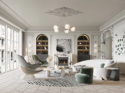 Elegant Modern Living Room Interior With Chandelier Sofa Fireplace And Arched Doorways 3d model